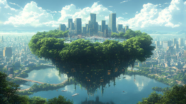 A Floating City Island Amidst Lush Greenery and Blue Waters