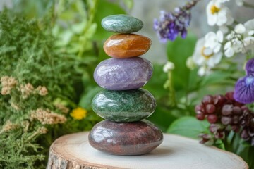 Stacked smooth, colored stones on a wood slice, nature backdrop.