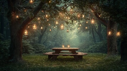 A tranquil forest clearing with a wooden picnic table and lanterns hanging from branches