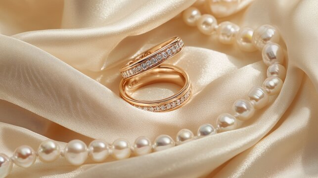 80.A pair of elegantly crafted wedding rings placed on soft ivory silk, surrounded by a delicate strand of pearls that catch the soft glow of natural light.