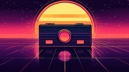 Naklejka premium Retro Camera Sunset Synthwave Digital Art