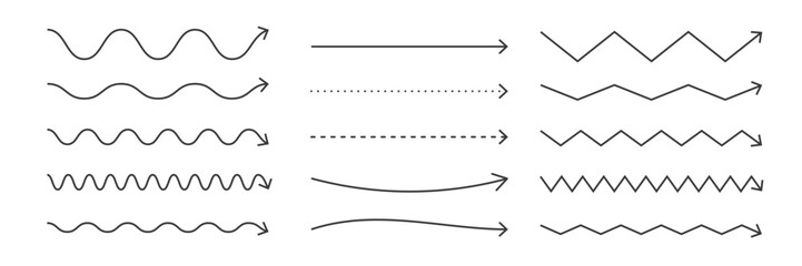 Zigzag and wave black arrows. Squiggle and dash arrows. Infographic elements. Vector illustration