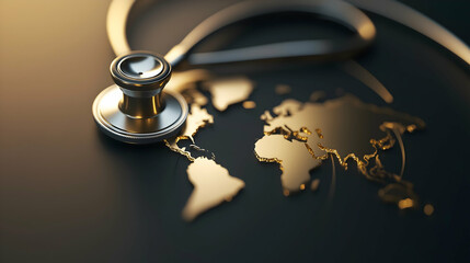 A stethoscope rests on a golden map, symbolizing global health and the interconnectedness of medical care across countries.