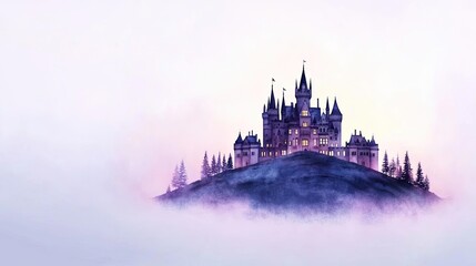 Fantasy watercolor idea. A majestic castle surrounded by mystical fog under a serene pastel sky.