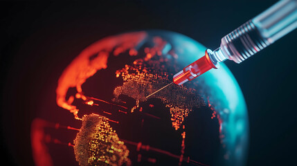 A syringe injects a glowing substance into a digital globe, symbolizing global health and vaccination efforts against diseases.