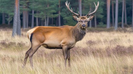 Obraz premium stag with impressive antlers stands prominently in a meadow filled with golden grass. Tall trees form a backdrop as the sun rises, creating a tranquil atmosphere in nature