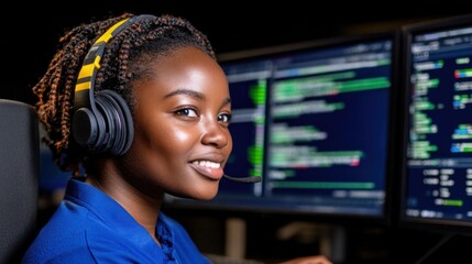 young woman with braided hair wearing a headset is focused on coding tasks at her desk. Multiple computer screens display lines of code in a busy tech workspace during daytime