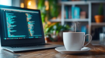 steaming cup of coffee sits on a saucer next to an open laptop showing colorful lines of code. warm lighting and greenery create a relaxing atmosphere perfect for productivity