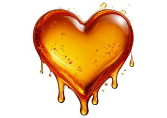 Heart honey color, dripping honey, without bubbles inside the heart isolated on transparent or white background