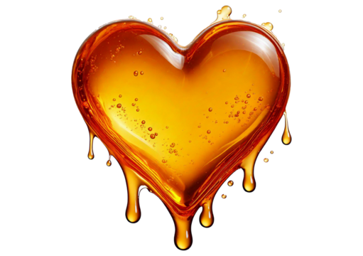 Heart honey color, dripping honey, without bubbles inside the heart isolated on transparent or white background
