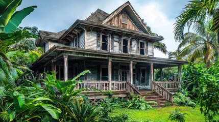 A weathered, abandoned house surrounded by lush greenery.