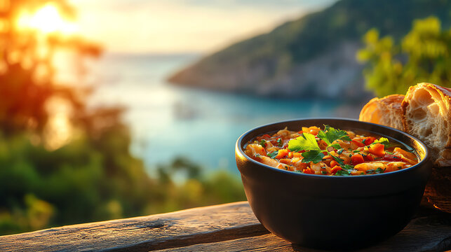 A delicate bowl of Greek Kakavia fish soup, served with crusty bread and framed by an Aegean Sea background, [Mediterranean seafood, regional gourmet]