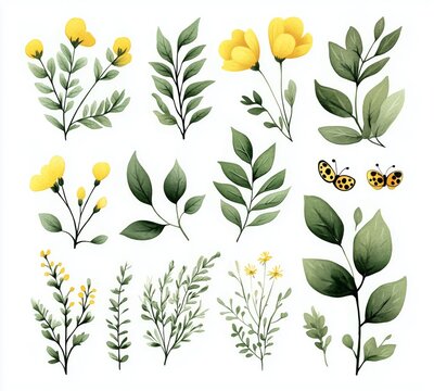Colorful botanical illustrations featuring yellow flowers and green leaves on a white background