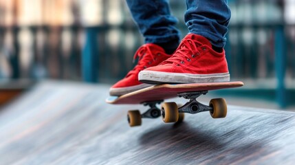 Fototapeta premium skateboarder in vibrant red sneakers performs tricks on a wooden ramp at a park. sun shines brightly, creating a relaxed afternoon atmosphere for skating enthusiasts