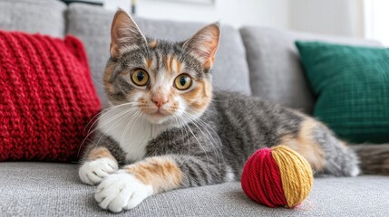 Playful cat engaging with yarn ball cozy living room animal photography bright and cheerful close-up view domestic pet fun