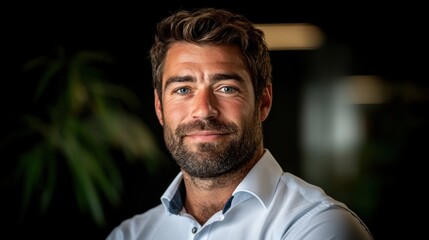 man with a well-groomed beard and short hair poses confidently in a modern workspace. Green plants in the background create a fresh and inviting atmosphere, reflecting professionalism