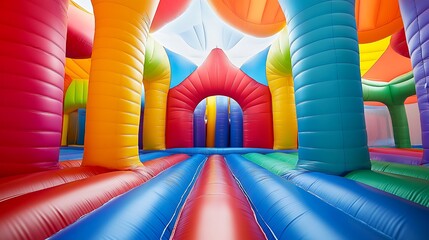 An enormous multicolored inflated bouncing palace play
