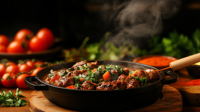 A steaming pot of Moroccan Boulfaf skewers featuring liver wrapped in fat, surrounded by vibrant spices and traditional serving platters, [North African cuisine, cultural feasts]