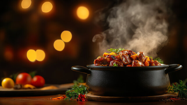 A steaming pot of Moroccan Boulfaf skewers featuring liver wrapped in fat, surrounded by vibrant spices and traditional serving platters, [North African cuisine, cultural feasts]