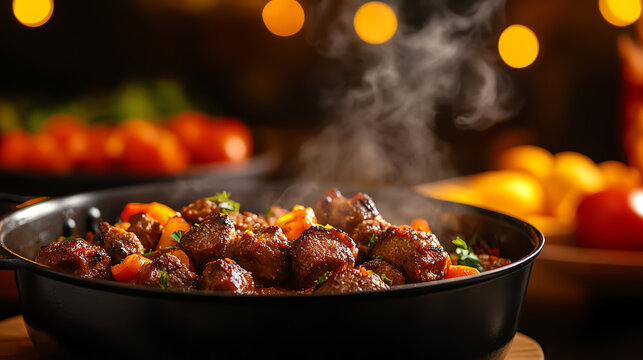 A steaming pot of Moroccan Boulfaf skewers featuring liver wrapped in fat, surrounded by vibrant spices and traditional serving platters, [North African cuisine, cultural feasts]