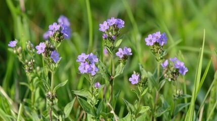 Fototapeta premium A cluster of tiny wildflowers with delicate purple petals flourishes among tall green grass, captured in soft light, evoking a sense of calm, beauty, and natural serenity.