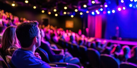 stand up comedian performing on stage at comedy club 