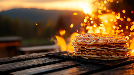 Albanian Flija layered pancake, cooked over an open fire and styled in a mountain village, [Balkan traditional cuisine, artisanal cooking]
