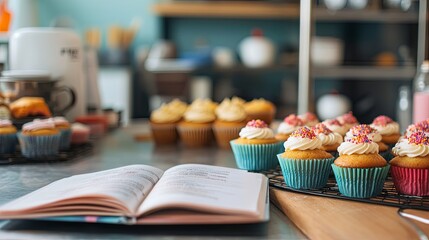 A vibrant baking class with trays of cupcakes and a recipe book open on the counter