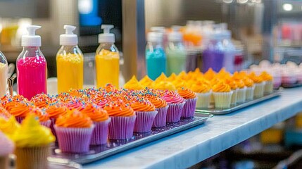 A vibrant baking setup with trays of cupcakes, icing bags, and sprinkles
