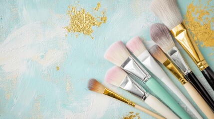 Fototapeta premium Colorful Artist Brushes Arranged on Abstract Gold and Blue Canvas