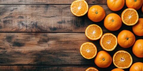 Fresh, vibrant oranges arranged on a rustic wooden surface, with whole and halved fruit showcasing bright orange hues and natural textures.