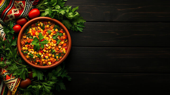 Argentine Locro corn stew, served in a clay pot surrounded by traditional ponchos and Andean motifs, [South American comfort food, cultural depth]