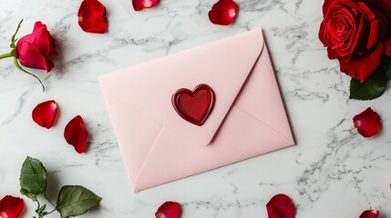A close-up of a pink envelope with a heart-shaped wax seal surrounded by scattered rose petals on a marble table