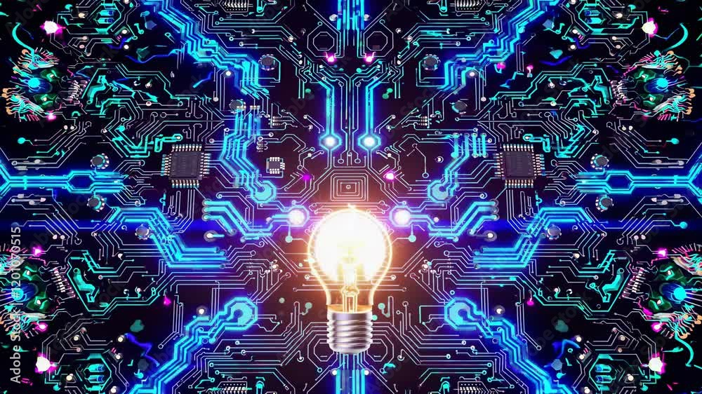 Poster electric light bulb surrounded by vibrant circuit patterns showcases technology and innovation in di