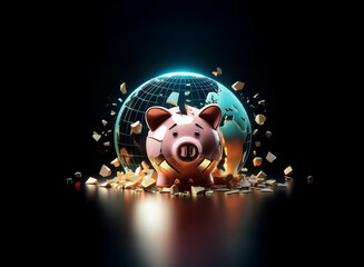 A shattered globe behind a piggy bank symbolizes global financial crisis.  The dark background emphasizes the severity of the economic breakdown.