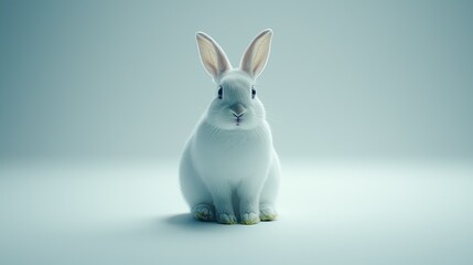 Obraz premium Playful white rabbit sitting gracefully on soft surface minimalist studio setting captivating animal portrait