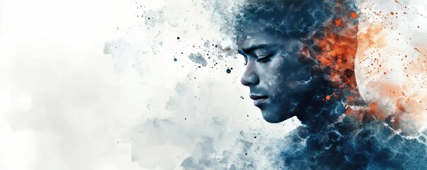 Confetti watercolor idea. A serene portrait capturing deep thoughts and emotions amidst colorful abstract forms.