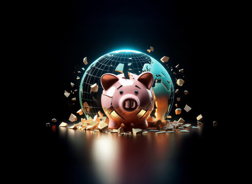 A shattered globe behind a piggy bank symbolizes global financial crisis.  The dark background emphasizes the severity of the economic breakdown.