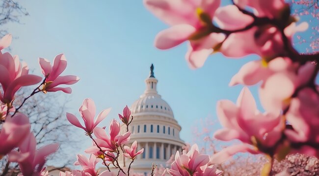 Pink Magnolias Frame Capitol Building In Washington DC