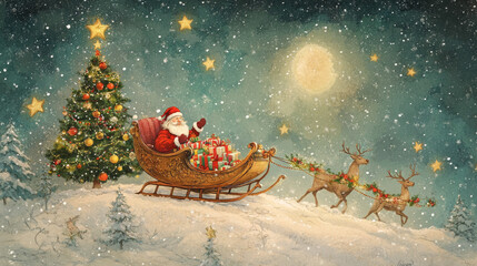 Naklejka premium Christmas Santa sleigh with gift greeting card for New Year winter holiday celebration. Santa Claus with present, Xmas tree and reindeer sledge festive poster, adorned by ribbon banner, snow and star