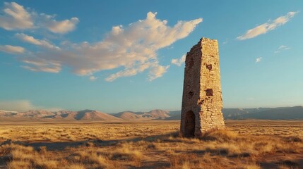 Obraz premium Stone tower stands in dry landscape under sky.