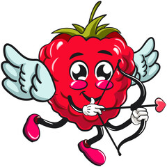 Cute raspberry fruit vektor illustration mascot character being cupid with angel wings and the arrow of love, work of hand drawn