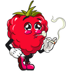 Cute raspberry fruit vektor illustration mascot character smoke calmly, work of hand drawn