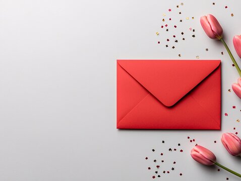 Valentine's Day, flirty message written in sparkling golden font on a glossy red envelope, accompanied by a bouquet of pastel pink tulips, subtle confetti overlay, clean white background for copyspace