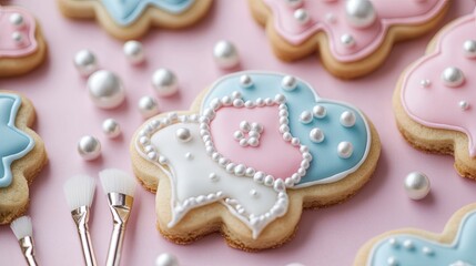 A vibrant cookie-decorating workshop with royal icing, brushes, and edible pearls