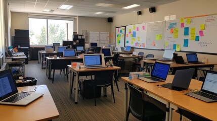 A vibrant coding bootcamp setup with laptops, whiteboards, and sticky notes