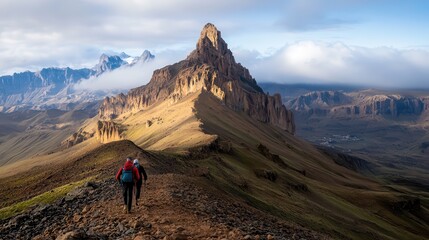 A couple hiking in a scenic mountain area.
