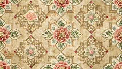 Naklejka premium Elegant Antique Floral Pattern with Geometric Accents on Aged Paper