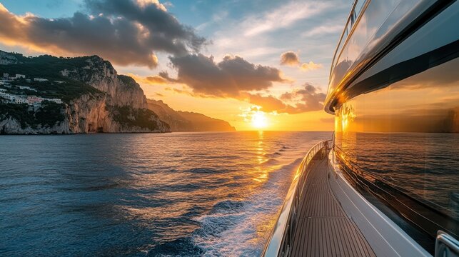 Luxury Yacht Sailing at Sunset Coastal Cliffs