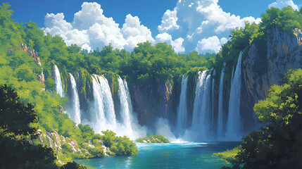 Naklejka premium Serene Waterfall Cascading Down Lush Green Cliffs